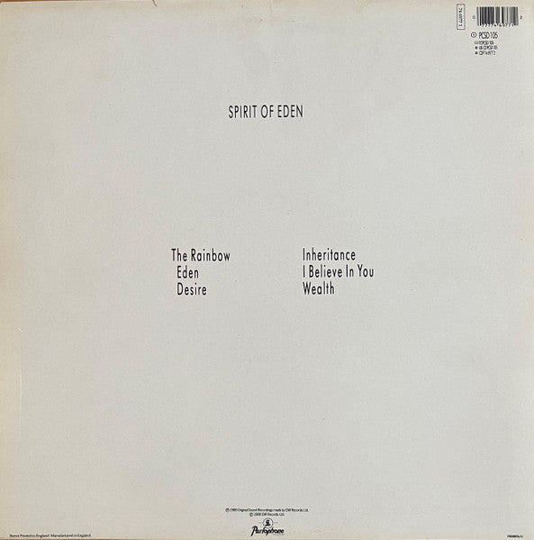 Image of Back Cover of LP - VG/VG - TALK TALK, Spirit Of Eden (Parlophone; PCSD105, UK 1988, Inner, PCSD 105 A-1-1-1. PCS 7319 EMC 3548 (Lots Crossed Out In Matrix)), ,  - 4046190S