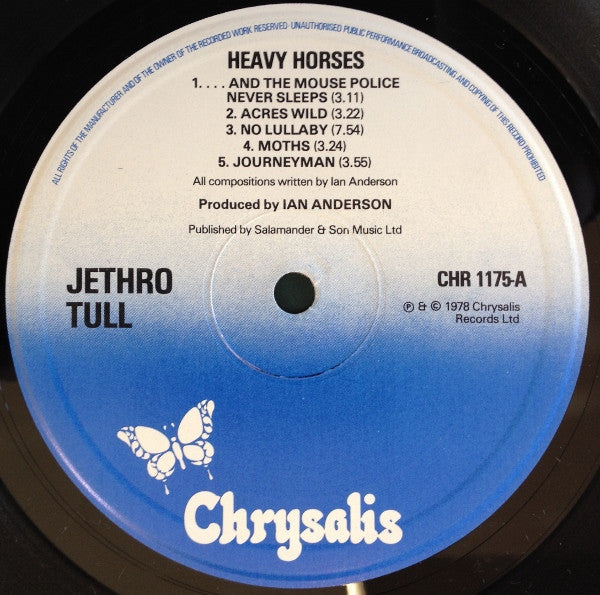 Image of Label Cover of LP - VG/VG - JETHRO TULL, Heavy Horses (Chrysalis Blue/White; CHR1175, UK 1978, Textured Embossed Sleeve, Inner), ,  - 3816261C