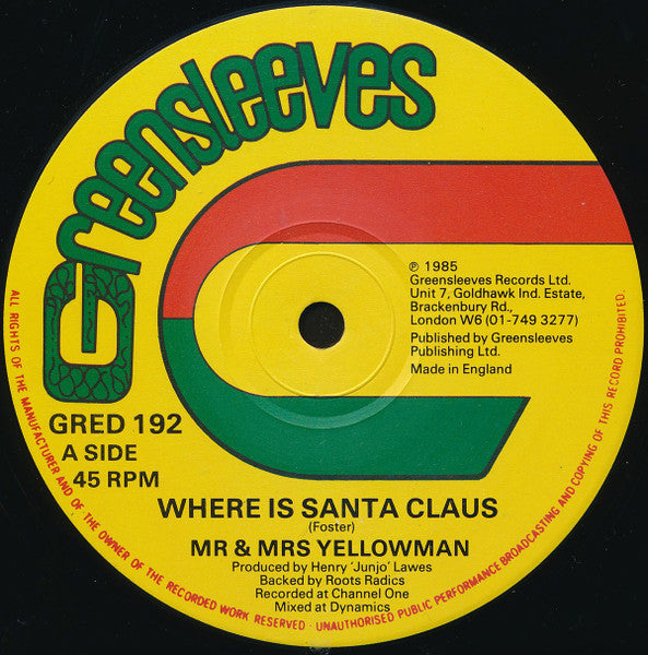 Image of Label Cover of 12" - G/VG - MR YELLOWMAN & MRS YELLOWMAN / MICHAEL PALMER, Where Is Santa Claus / Happy Merry Christmas (Greensleeves Records; GRED 192, UK 1985, Company Sleeve), Very light marks only,  - 0646184S