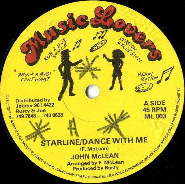 Image of Front Cover of 12" - VG/VG - JOHN MCLEAN, Starline / Dance With Me (Music Lovers; ML 003, UK 1980s, Reggae Disco 45 Sleeve), Superficial scuffs, shiny copy.,  - 2716407C