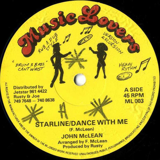 Image of Front Cover of 12" - VG/VG - JOHN MCLEAN, Starline / Dance With Me (Music Lovers; ML 003, UK 1980s, Reggae Disco 45 Sleeve), Superficial scuffs, shiny copy.,  - 2716407C