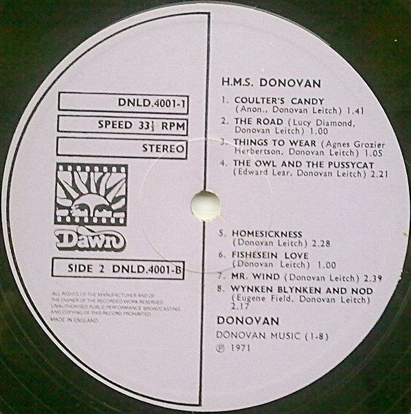 Image of Label Cover of 2xLP - VG/VG+ - DONOVAN, HMS Donovan (Dawn Purple Label; DNLD4001, UK 1970s Reissue, Gatefold, No Poster), Strong VG+, Damage To Rear Sleeve Opening,  - 1426225E