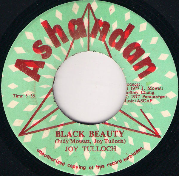 Image of Back Cover of 7" - /G+ - JUDY MOWATT / JOY TULLOCH, Black Woman / Black Beauty (Ashandan; , Jamaica 1977), Some larger marks, some deeper than others which click lightly. Background noise in places on each on each side. Pressing flaws. Labels off centre, with liquid damage / staining and pen ink on them,  - 2416278C