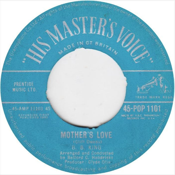 Image of Back Cover of 3753048S: 7" - B.B. KING, Tomorrow Night/Mother's Love (His Master's Voice; 45-POP 1101, UK 1962, Plain Sleeve)   /VG