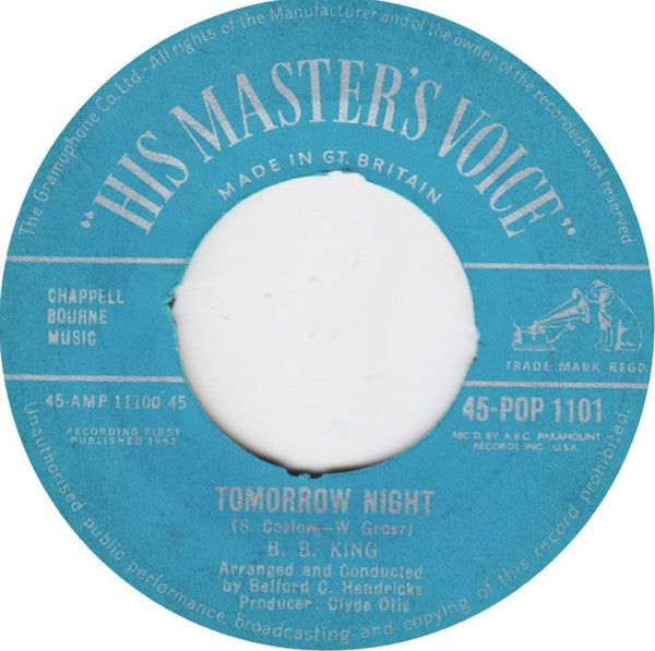 Image of Front Cover of 3753048S: 7" - B.B. KING, Tomorrow Night/Mother's Love (His Master's Voice; 45-POP 1101, UK 1962, Plain Sleeve)   /VG