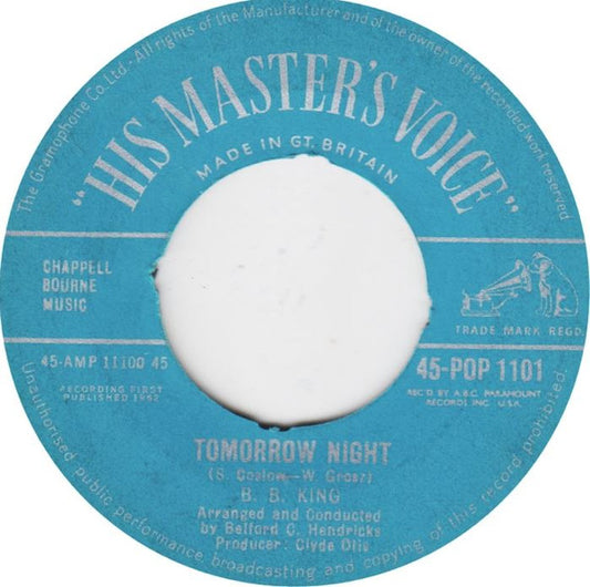 Image of Front Cover of 3753048S: 7" - B.B. KING, Tomorrow Night/Mother's Love (His Master's Voice; 45-POP 1101, UK 1962, Plain Sleeve)   /VG