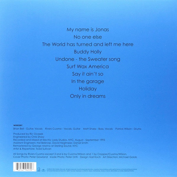 Image of Back Cover of LP - VG+/VG+ - WEEZER, Weezer (Geffen Records; 00602547945396, Europe 2016 Reissue, Insert), Still in opened shrink with hype sticker. Pristine copy.,  - 3646399S