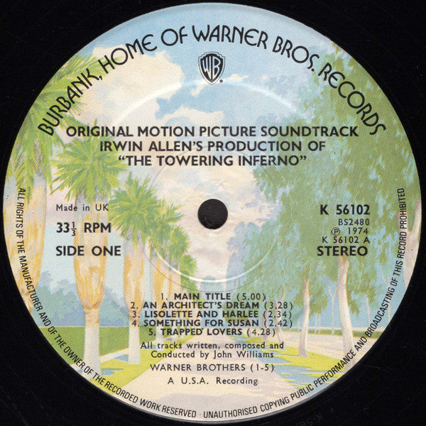 Image of Label Cover of LP - VG/VG+ - JOHN WILLIAMS, The Towering Inferno (Original Motion Picture Soundtrack) (WB Burbank without w Logo on Rim; K56102, UK 1974), ,  - 2316443C