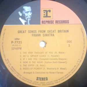 Image of Label Cover of LP - VG+/VG - FRANK SINATRA, Sinatra Sings Great Songs From Great Britain (Reprise Records; P-7721, Japan 1985 Reissue, Insert, with OBI), ,  - 1426192E