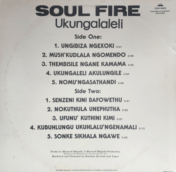 Image of Back Cover of 3723204E: LP - SOUL FIRE, Ukungalaleli (Rainbow Records & Tapes; CGH 5002, South Africa 1982, Picture Sleeve) Ring Wear, Stickers on Front Sleeve as shown in picture.  VG/VG+