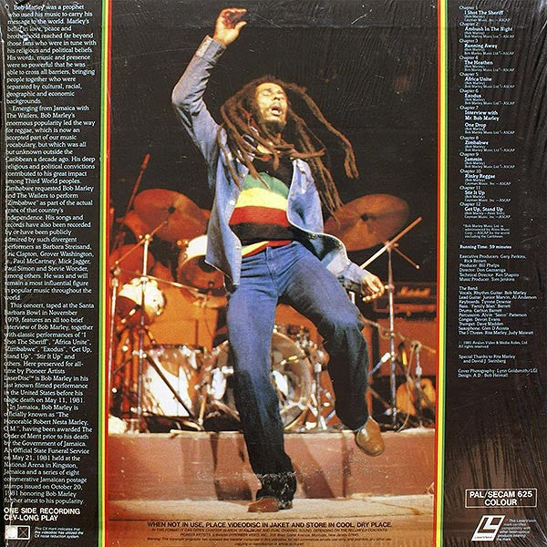 Image of Back Cover of 3743177S: Laserdisc - BOB MARLEY & THE WAILERS, Live From The Santa Barbara Bowl (Pioneer Artists; MP106-E, Japan 1981, Single Sided, Stereo, PAL, SECAM, CLV Long Play)   EX/VG