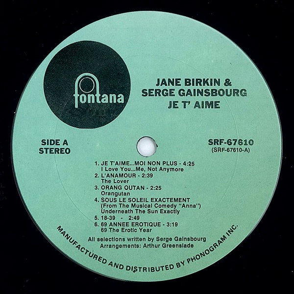 Image of Label Cover of LP - VG/VG - JANE BIRKIN AND SERGE GAINSBOURG, Je T'Aime - Beautiful Love (Fontana; SRF 67610, US 1970s Reissue), ,  - 1026348E