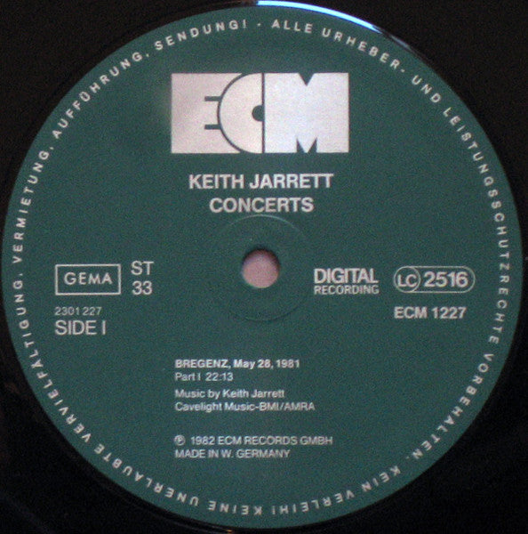 Image of Label Cover of LP - VG/VG+ - KEITH JARRETT, Concerts (ECM Records; ECM 1227, Germany 1982), ,  - 2216216C