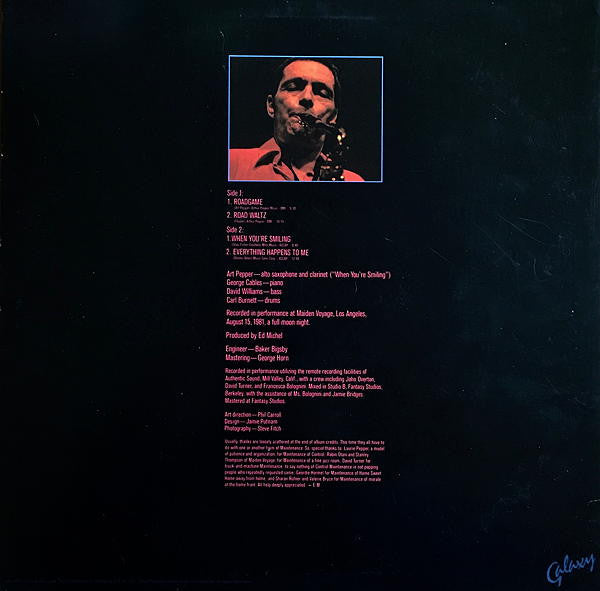 Image of Back Cover of 4614280C: LP - ART PEPPER, Roadgame (Galaxy; GXY-5142, US 1982) Record has deep mark in run-in one side one (doesn't affect play). Sleeve has ring wear, creases and scuffs  VG/VG+