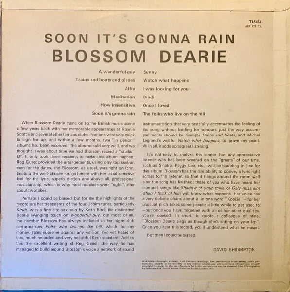 Image of Back Cover of 1224012E: LP - BLOSSOM DEARIE, Soon It's Gonna Rain (Fontana; TL.5454, UK 1967, Flipback Sleeve, Mono) Some light marks to disc, some foxing and small creases to sleeve  VG/VG