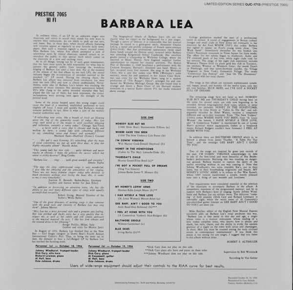 Image of Back Cover of 3713181C: LP - BARBARA LEA, Barbara Lea With The Johnny Windhurst Quintets (Original Jazz Classics; OJC-1713, US 1986 Reissue) Crease lines on sleeve  VG+/VG+