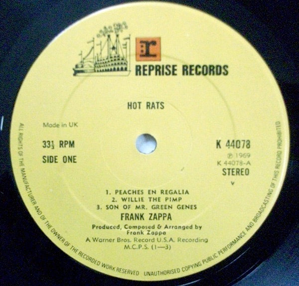 Image of Label Cover of LP - VG+/VG+ - FRANK ZAPPA, Hot Rats (Reprise Tan, No WB Logo; K 44078, UK 1972 Reissue, Gatefold, Made In UK Over Side 1/2, v Under Stereo.), Lovely Copy,  - 3446293S