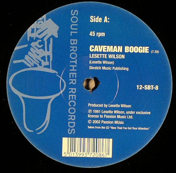 Image of Front Cover of 12" - VG/VG - LESETTE WILSON, Caveman Boogie / Look Into Tomorrow (Soul Brother Records; 12-SBT-8, UK 2002, Company Sleeve), Strong VG, A		Caveman Boogie	AA		Look Into Tomorrow - 1526357E