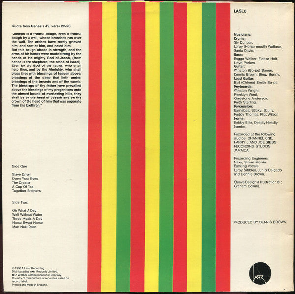 Image of Back Cover of LP - VG+/VG+ - DENNIS BROWN, Joseph's Coat Of Many Colours (Laser; LASL6, UK 1980), ,  - 2516347C