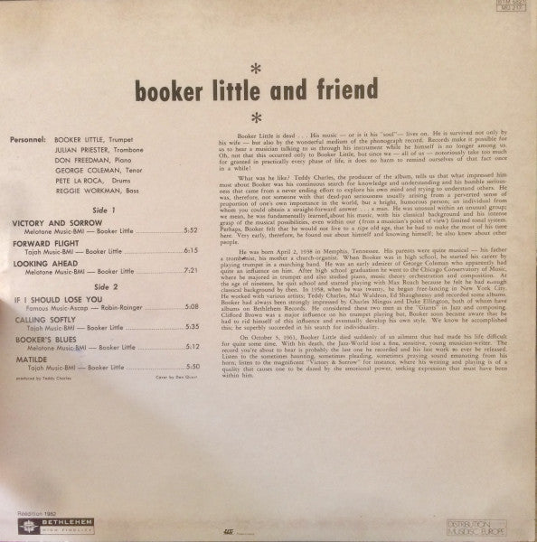 Image of Back Cover of LP - VG/VG - BOOKER LITTLE, And Friend (Bethlehem Records; BTM 6821, France 1982), ,  - 3026170E