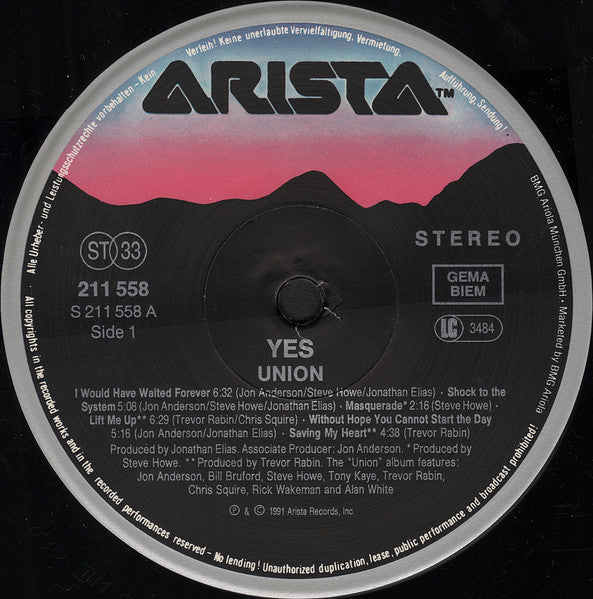 Image of Label Cover of LP - VG/VG - YES, Union (Arista; 211 558, UK 1991, Inner), Strong VG. Sticker mark to sleeve varnish.,  - 3616076C