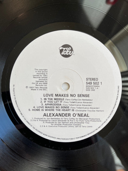 Image of Label Cover of LP - VG/VG+ - ALEXANDER O'NEAL, Love Makes No Sense (Tabu Records; 549 502 1, Europe 1993, Picture Sleeve), Light marks only. Sticker on front of sleeve. evidence of other previous price sticker.,  - 3646153S