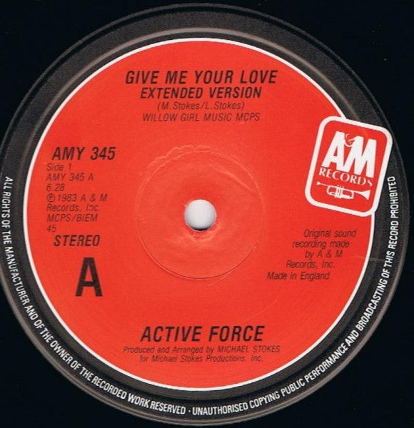 Image of Back Cover of 2044474S: 12" - ACTIVE FORCE, Give Me Your Love / My Sunshine (A&M Records; AMY 345, UK 1986, Picture Sleeve)   VG/VG+