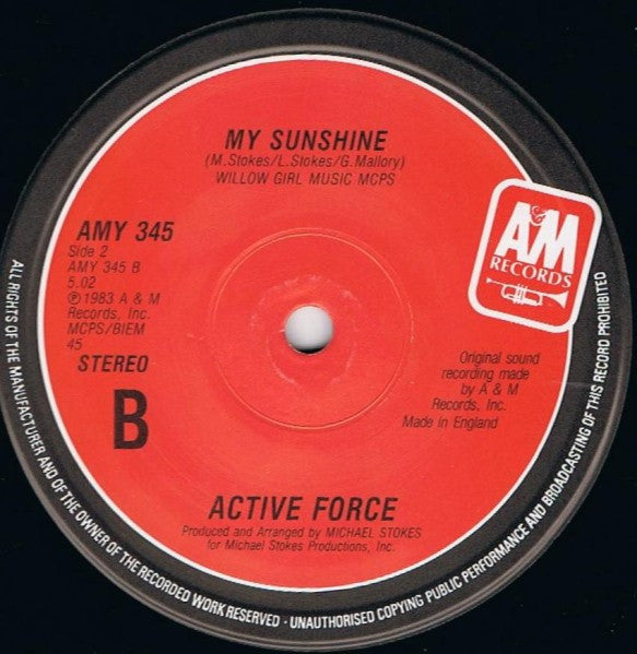 Image of Label Cover of 2044474S: 12" - ACTIVE FORCE, Give Me Your Love / My Sunshine (A&M Records; AMY 345, UK 1986, Picture Sleeve)   VG/VG+