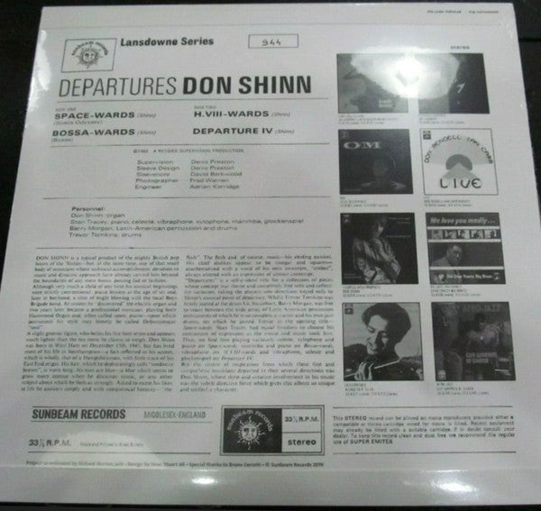 Image of Back Cover of LP - VG+/VG+ - DON SHINN, Departures (Sunbeam Records; SBRLP5108, UK 2020 Reissue, Booklet, With 7"), Still In Stickered Shrinkwrap. Light marks on discs.,  - 1046139S
