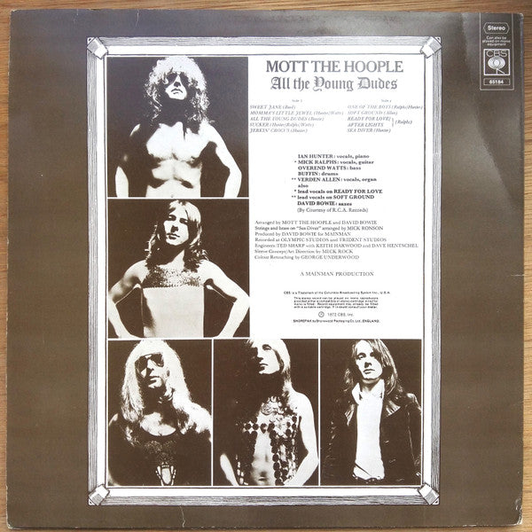 Image of Back Cover of LP - VG/VG - MOTT THE HOOPLE, All The Young Dudes (CBS; 65184, UK 1972, Inner), Wispy hairlines, Glossy disc, Clean inner, Strong VG sleeve, Light edge wear only. ,  - 1516107C
