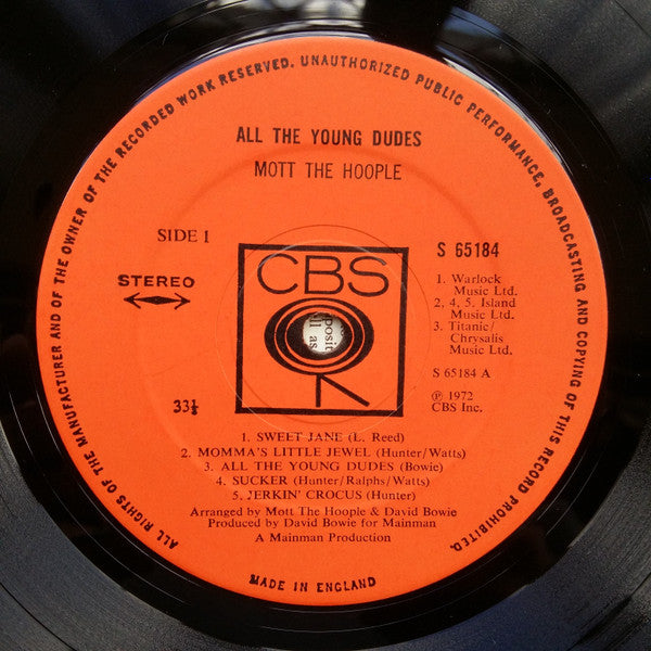 Image of Label Cover of LP - VG/VG - MOTT THE HOOPLE, All The Young Dudes (CBS; 65184, UK 1972, Inner), Wispy hairlines, Glossy disc, Clean inner, Strong VG sleeve, Light edge wear only. ,  - 1516107C