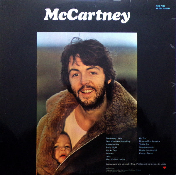 Image of Back Cover of 4615648C: LP - PAUL MCCARTNEY, McCartney (Apple; PCS7102, UK 1970, Laminated Gatefold Sleeve, EMI Records (The Gramophone Co. Ltd.) Hayes, Middlesex, England Written At Bottom of Back Sleeve) Little bit of laminate lifiting, A few light marks, Glossy disc  VG/VG