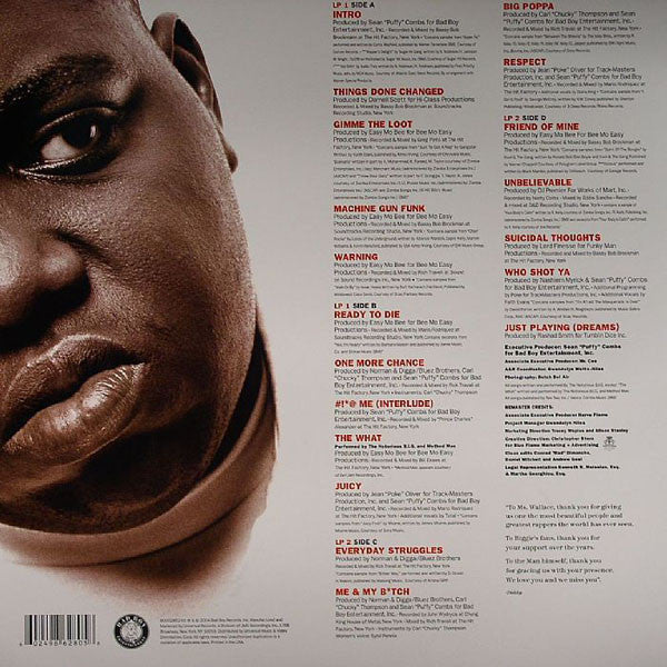 Image of Back Cover of 4944031S: 2xLP - NOTORIOUS B.I.G., Ready To Die (The Remaster LP) (Bad Boy Entertainment; B0002852-01, US 2004 Reissue, Picture Sleeve, Remastered) Edge and Ring Wear  VG/G