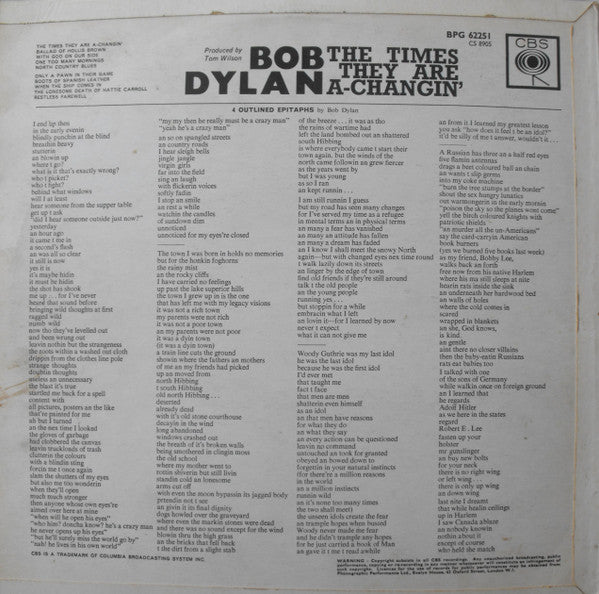 Image of Back Cover of LP - VG+/VG - BOB DYLAN, The Times They Are A-Changin' (CBS Orange (33 On Label - Pre 1967); BPG62251, UK 1964, Laminated Flipback Sleeve, Mono. A-side matrix error. ), Light hairlines,  - 3626030E