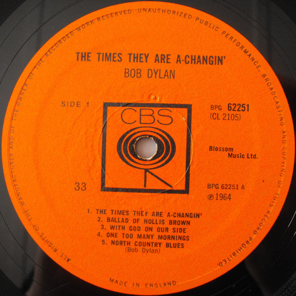 Image of Label Cover of LP - VG+/VG - BOB DYLAN, The Times They Are A-Changin' (CBS Orange (33 On Label - Pre 1967); BPG62251, UK 1964, Laminated Flipback Sleeve, Mono. A-side matrix error. ), Light hairlines,  - 3626030E