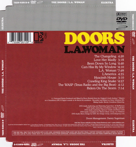 Image of Back Cover of CD - VG/VG - THE DOORS, L.A. Woman (Elektra ; 7559-62612-9, Europe 2000 Reissue, Super Jewel case, DVD-Audio, Multichannel, Remastered), ,  - 3936220E