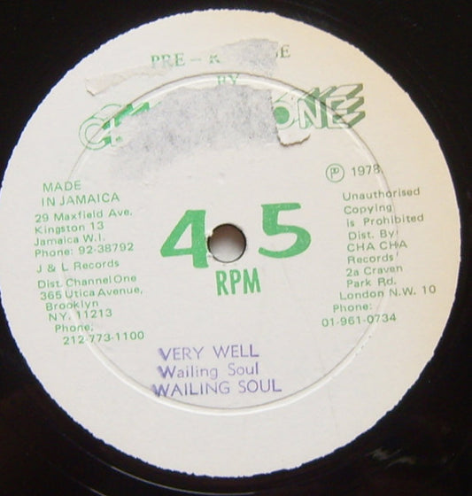 Image of Front Cover of 12" - VG+/VG - WAILING SOUL, Very Well / Fire Coal (Channel One; , Jamaica 1978, Company Sleeve), Light marks only, plays VG+. WOL. Beautiful CH1 company sleeve.,  - 3526156E