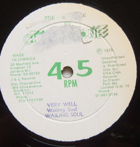 Image of Front Cover of 12" - VG+/VG - WAILING SOUL, Very Well / Fire Coal (Channel One; , Jamaica 1978, Company Sleeve), Light marks only, plays VG+. WOL. Beautiful CH1 company sleeve.,  - 3526156E