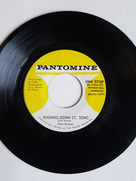 Image of Front Cover of 3913270C: 7" - GLEN BROWN, Highholborn St. Song / Barro St. Drums (Pantomine; , Jamaica 1970s) Visually a weak VG with marks and scuffs, plays ok. Bit of distortion on highs, like all copies. Clean labels.  /VG