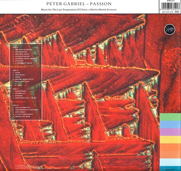 Image of Back Cover of 2xLP - VG+/VG - PETER GABRIEL, Passion (Real World Records  ; RWLP1, UK 1989, Title Stickered Sleeve, 2 Inners), ,  - 2616081C