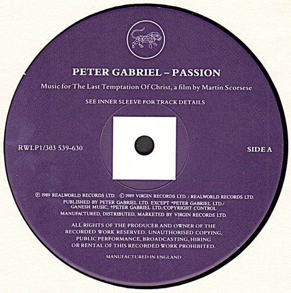 Image of Label Cover of 2xLP - VG+/VG - PETER GABRIEL, Passion (Real World Records  ; RWLP1, UK 1989, Title Stickered Sleeve, 2 Inners), ,  - 2616081C