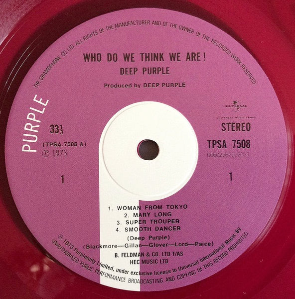 Image of Label Cover of 2714062C: LP - DEEP PURPLE, Who Do We Think We Are (Purple Records; TPSA 7508, Europe 2018 Reissue, Gatefold, Purple Vinyl)   EX/VG+