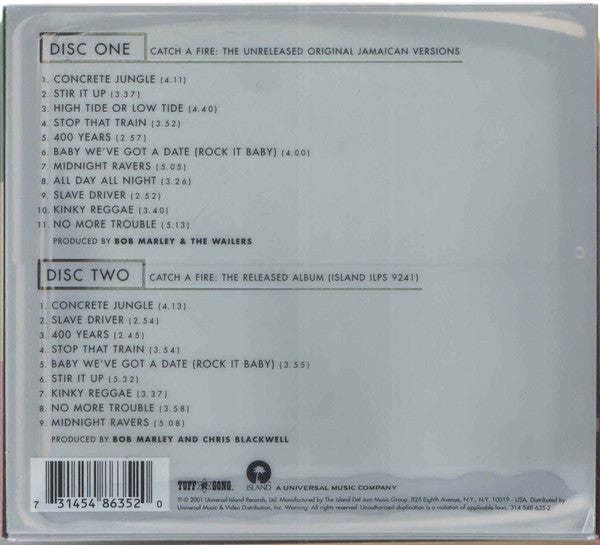 Image of Back Cover of 2xCD - VG+/VG+ - THE WAILERS, Catch A Fire (Tuff Gong; 314 548 635-2, US 2001 Reissue, Gatefold Digipak, Booklet, Deluxe Edition), ,  - 2536400E