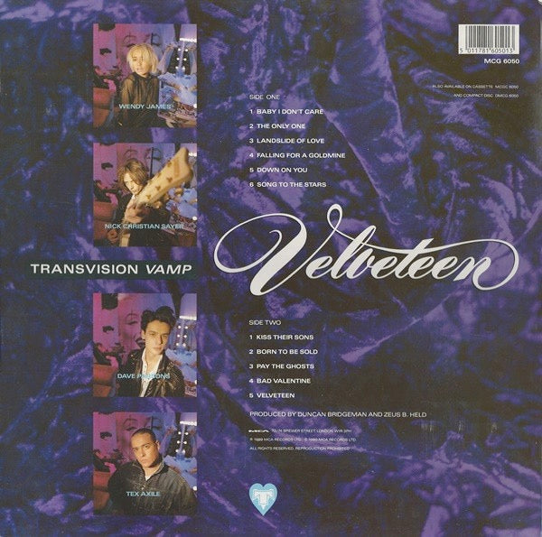 Image of Back Cover of 3814384C: LP - TRANSVISION VAMP, Velveteen (MCA Records; MCG 6050, UK 1989, Inner) Hype stickered sleeve.  VG+/VG