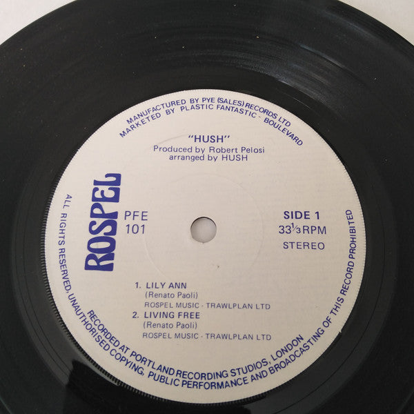 Image of Label Cover of 3923317E: 7" EP - HUSH, Lily Ann / Living Free / Don't Cry For Me Argentina / Oye Como Va (Short Version) (Rospel ; PFE 101, UK 1978, Laminated Sleeve)   VG+/VG+