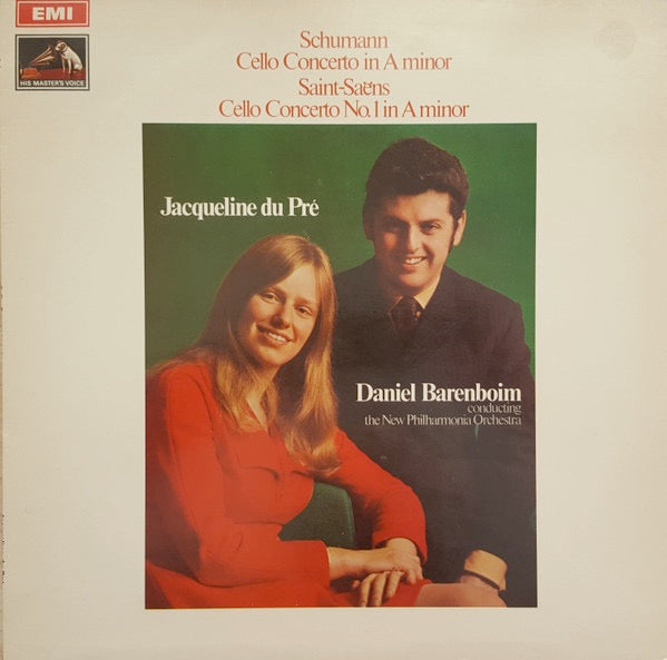 Image of Front Cover of LP - VG+/VG+ - JACQUELINE DU PRE, DANIEL BARENBOIM CONDUCTING THE NEW PHILHARMONIA ORCHESTRA, Schumann: Cello Concerto In A Minor, Saint-Saens: Cello Concerto No.1 In A Minor (HMV Red, Black and White Nipper Box; ASD 2498, UK 1981 Reissue, Laminated Front Sleeve), ,  - 4326196E