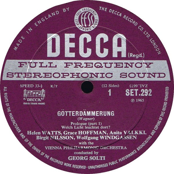 Image of Label Cover of 4625323E: 6xLP - GEORG SOLTI, WIENER PHILHARMONIKER, BIRGIT NILSSON, Wagner: G�tterd�mmerung (Decca Purple Unboxed Wideband - Made In England at 11 O'Clock - Grooved ED2; SET 292-7, UK 1965, Box Set, Booklet, ED 2)   VG+/VG+