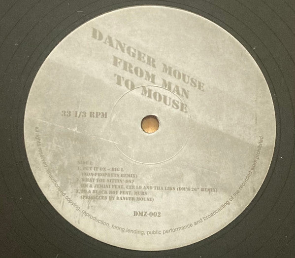 Image of Label Cover of 4023311E: 2xLP - DANGER MOUSE, From Man To Mouse (Not On Label; DMZ-002, UK 2007, Picture Sleeve, Unofficial) Strongest possible VG, very light surface marks only. Cover generally looks decent, however downgraded due to centre seam spit along top edge and peel/damage to top-right corner.  G/VG