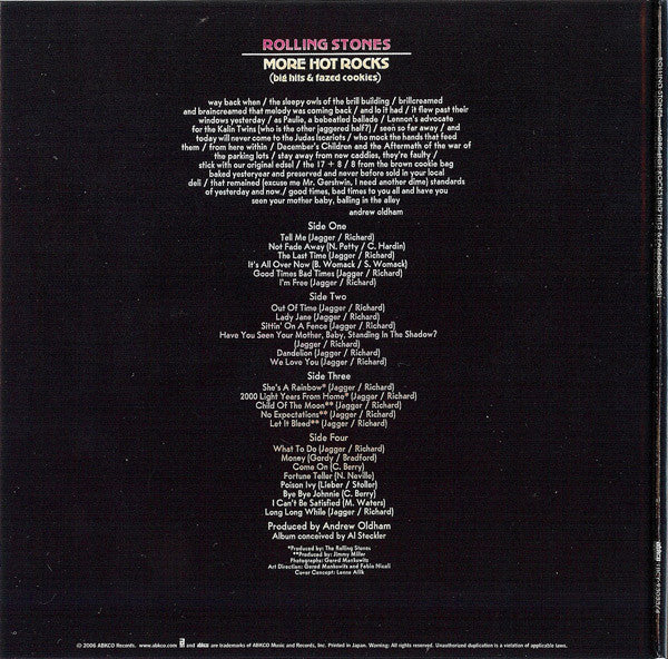 Image of Back Cover of 4033091E: 2xCD - THE ROLLING STONES, More Hot Rocks (Big Hits & Fazed Cookies) (ABKCO; UICY-93033/4, Japan 2006, Clear Plastic Sleeve With Card Inner, Booklet)   VG+/VG+