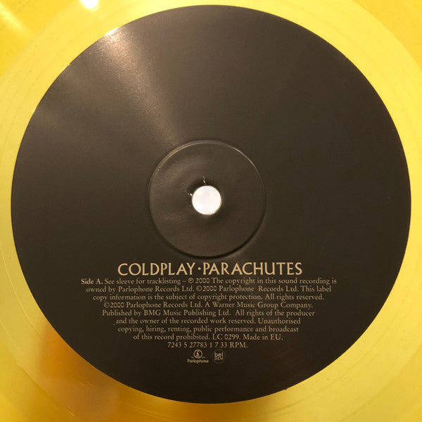 Image of Label Cover of LP - VG+/VG+ - COLDPLAY, Parachutes (Parlophone; 0190295182502, Europe 2020 Reissue, Inner, 180 Gram Yellow Translucent Vinyl), Still in hype stickered shrinkwrap.,  - 4216433C